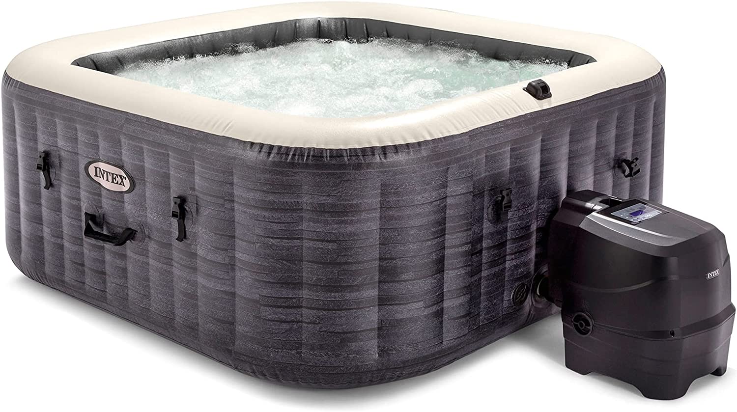 Intex  PureSpa Plus 4 Person Portable Inflatable Square Hot Tub Spa with 170 Bubble Jets and Built in Heater Pump, Greystone